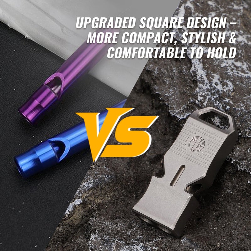 TACRAY صفارة الطوارئ من تاكراي المصنوعة من التيتانيوم - تصميم مربع ذو أنبوبين مزدوجين، صوت عالٍ للغاية 120+ ديسيبل، مقاومة للماء ومتينة، صفارة أمان للاستخدام اليومي للتخييم، المشي، الأنشطة الخارجية والإنقاذ (رمادي) - Image 3